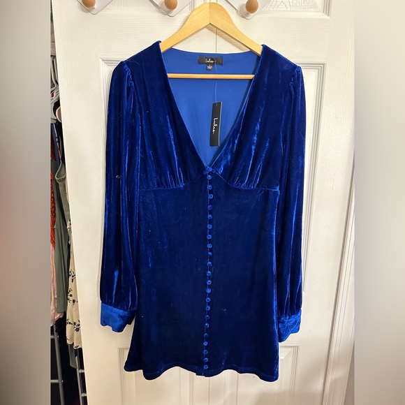 NWT Lulus Make it Merry Royal Blue Velvet Long Sleeve Button-Up Mini Dress - Picture 4 of 6
